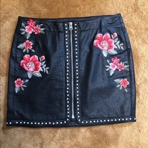 Floral embroidered leather skirt
